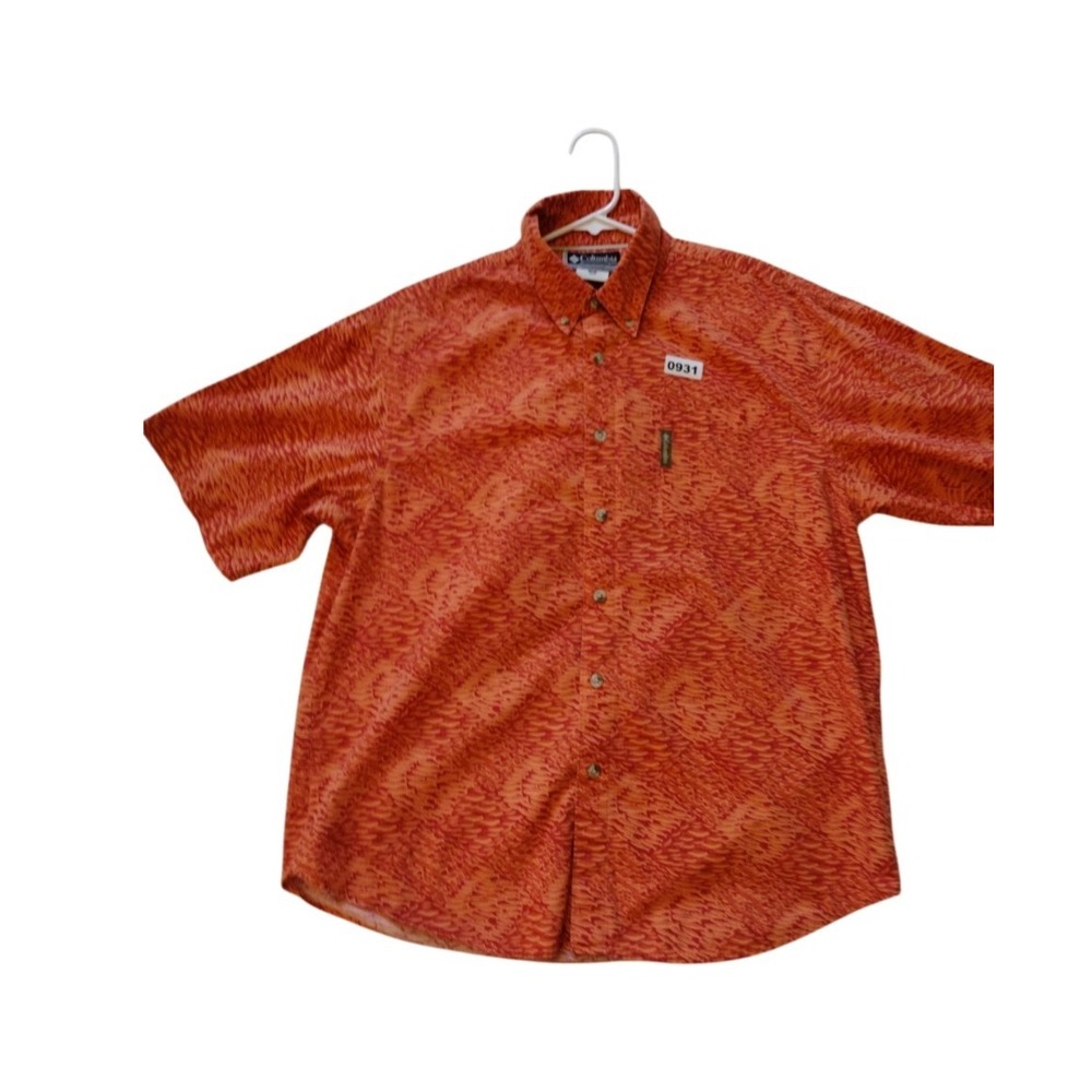 Columbia Button Down Shirt Men's M Orange Fish Short Sleeve Outdoor Vacation